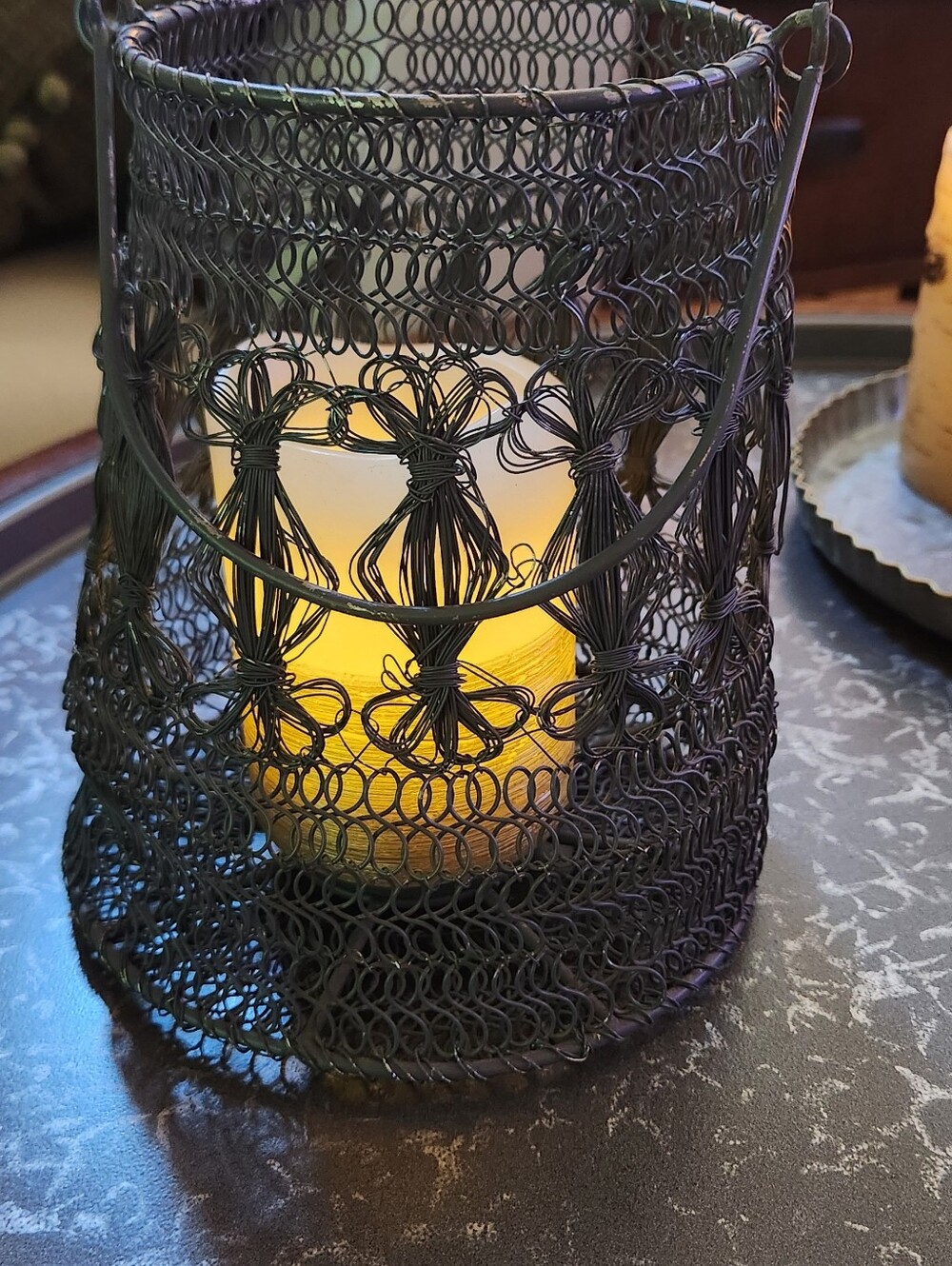 Decorative Gray Wire Lantern with Gold Candle Accent